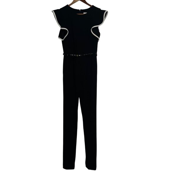 Calvin Klein Black Ruffle Trim Jumpsuit With Belt Sleeveless Womens Size 4 - Picture 1 of 8